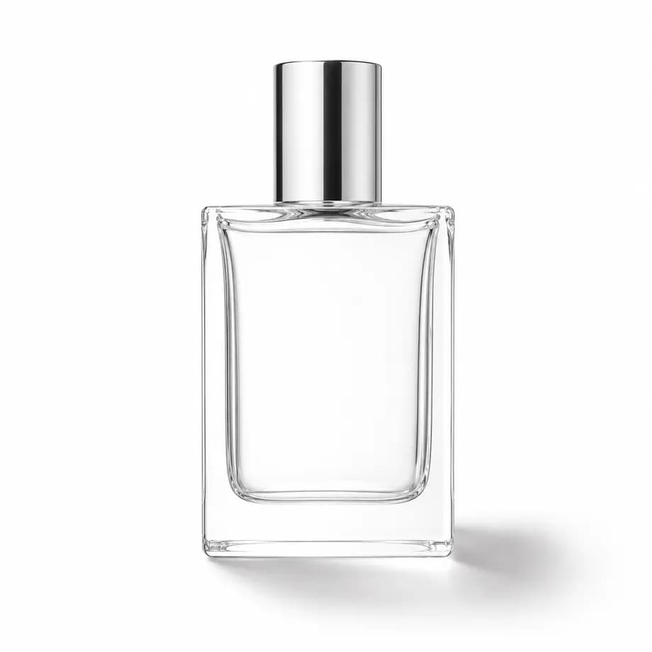 Clear glass bottle on white with a soft shadow, a hard case for background removal