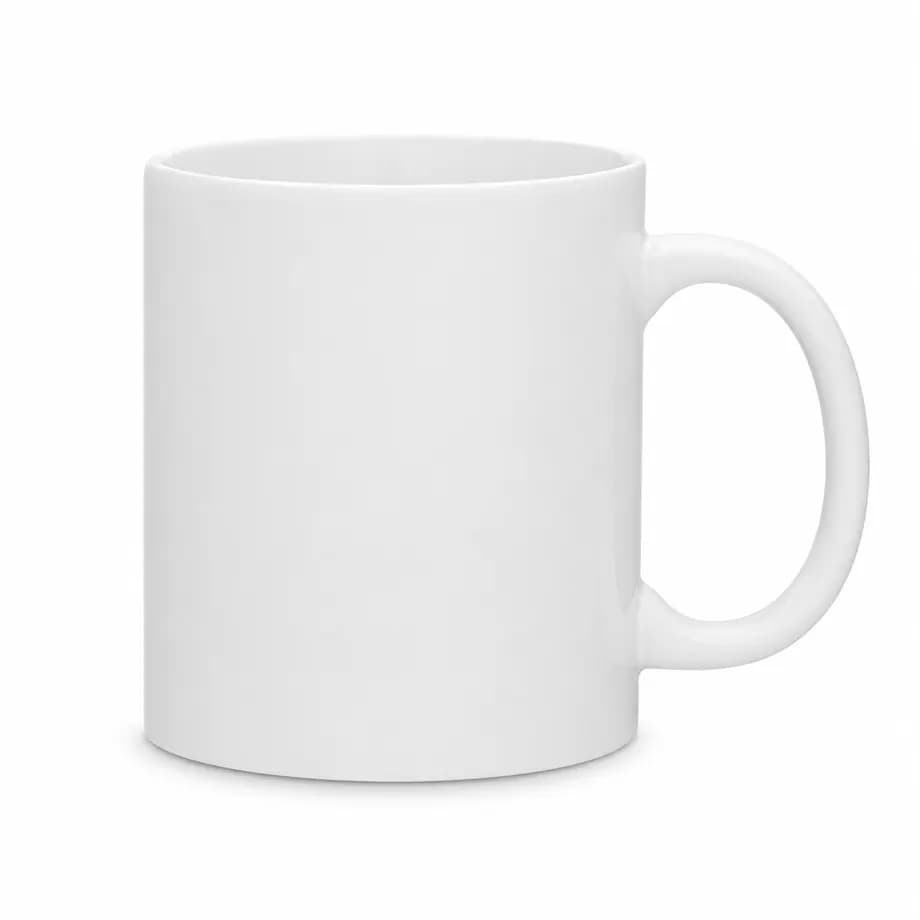 White ceramic mug photographed on a white background, the hardest case for background removal
